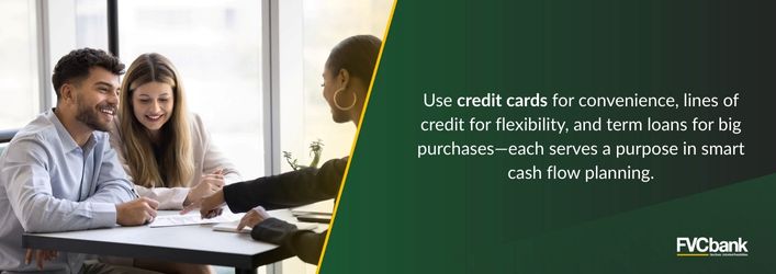 Use credit cards for convenience, lines of credit for flexibility, an term loans for big purchases